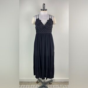 💚 3513. Strap Midi Side Slit Black Dress